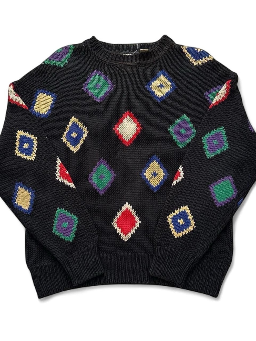 Vintage 1990s Pierre Cardin Black Geometric Pattern Crewneck Sweater M
